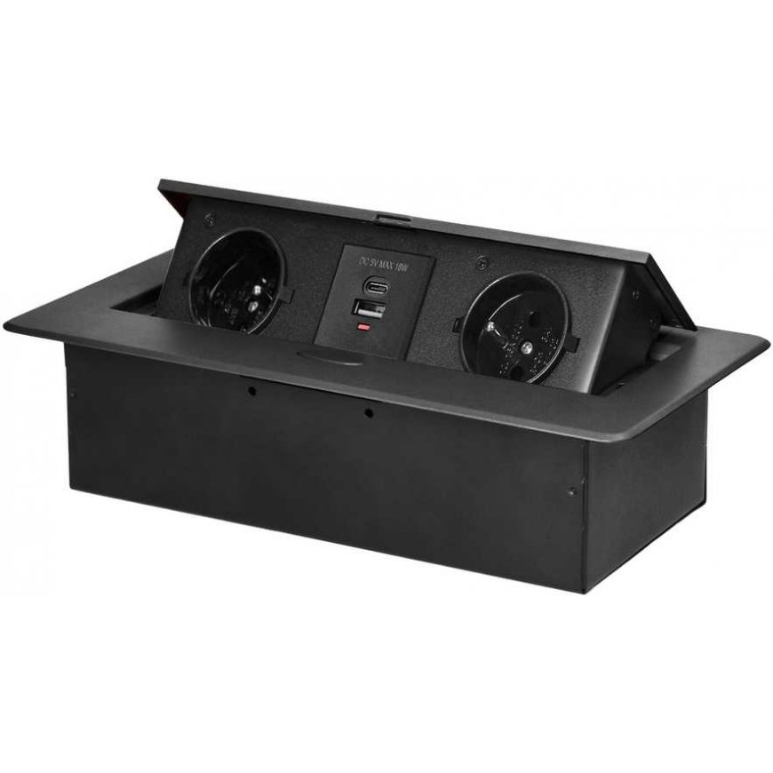 Orno Furniture socket recessed into the table top with flat milled edge and USB charger, 2x2P+Z, 2xUSB (type A+C 3.6A), graphite