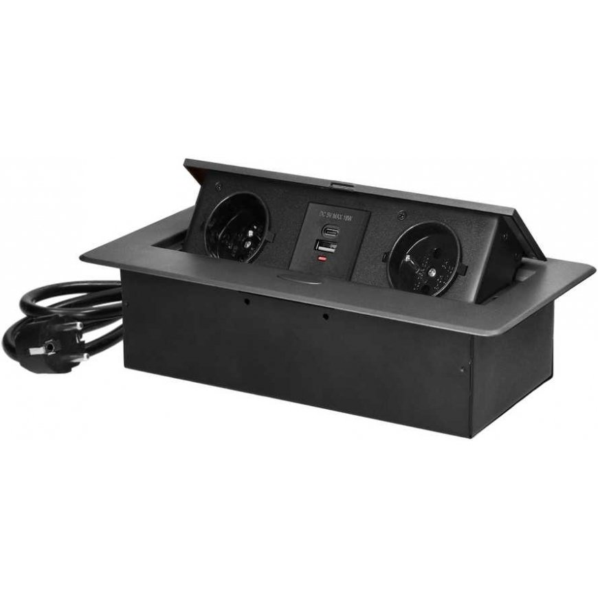 Orno Į stalviršį įleidžiami baldų lizdai plokščiu frezuotu kraštu, USB įkroviklis ir 1,5 m laidas, 2x2P+Z, 2xUSB (tipas A+C 3,6A – 2