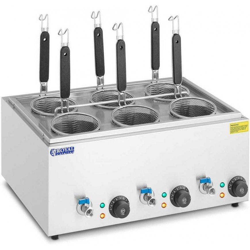 Royal Catering Makaronų virimo aparatas, makaronų viryklė su čiaupais, 6 krepšeliai, 3 x 6,5 l, 3000 W – 2
