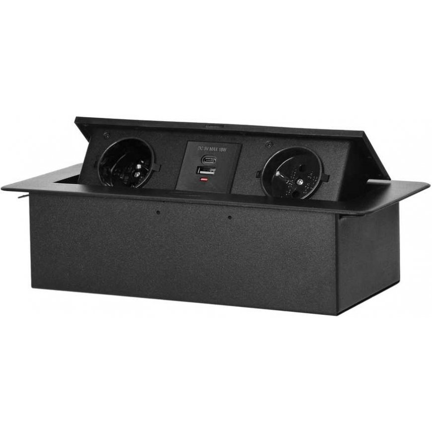 Orno Furniture socket recessed into the table top with flat milled edge and USB charger, 2x2P+Z, 2xUSB (type A+C 3.6A), black