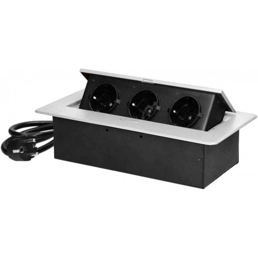 Orno Furniture socket recessed into the table top with a flat milled edge and 1.5 m cable, 3x2P+Z (Schuko), white