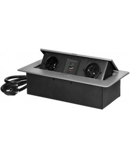 Orno Recessed furniture sockets with flat milled edge, USB charger and 1.5 m cable, 2x2P+Z, 2xUSB (type A+C 3.6A), silver