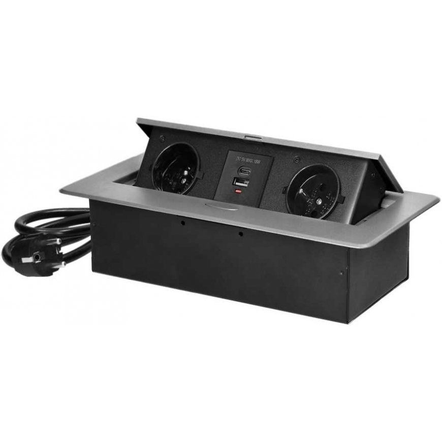 Orno Recessed furniture sockets with flat milled edge, USB charger and 1.5 m cable, 2x2P+Z, 2xUSB (type A+C 3.6A), silver