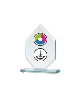 Detail Glass trophy with LuxorJet color printing, engraving and paint filling