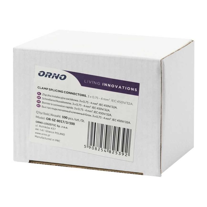 Orno 3 wire compression connector for any wire 0.75-4mm? IEC 450V/32A 100 pcs. – 2