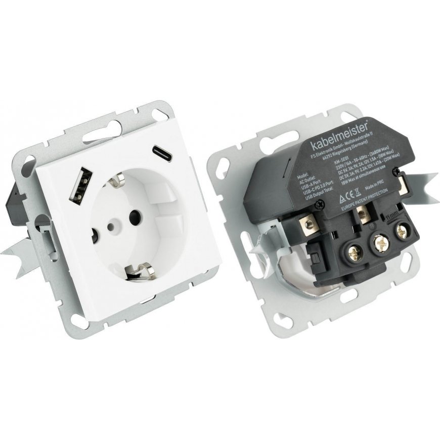 Kabelmeister built-in socket 2-way with quick charger (20W, PD3.0), USB, white