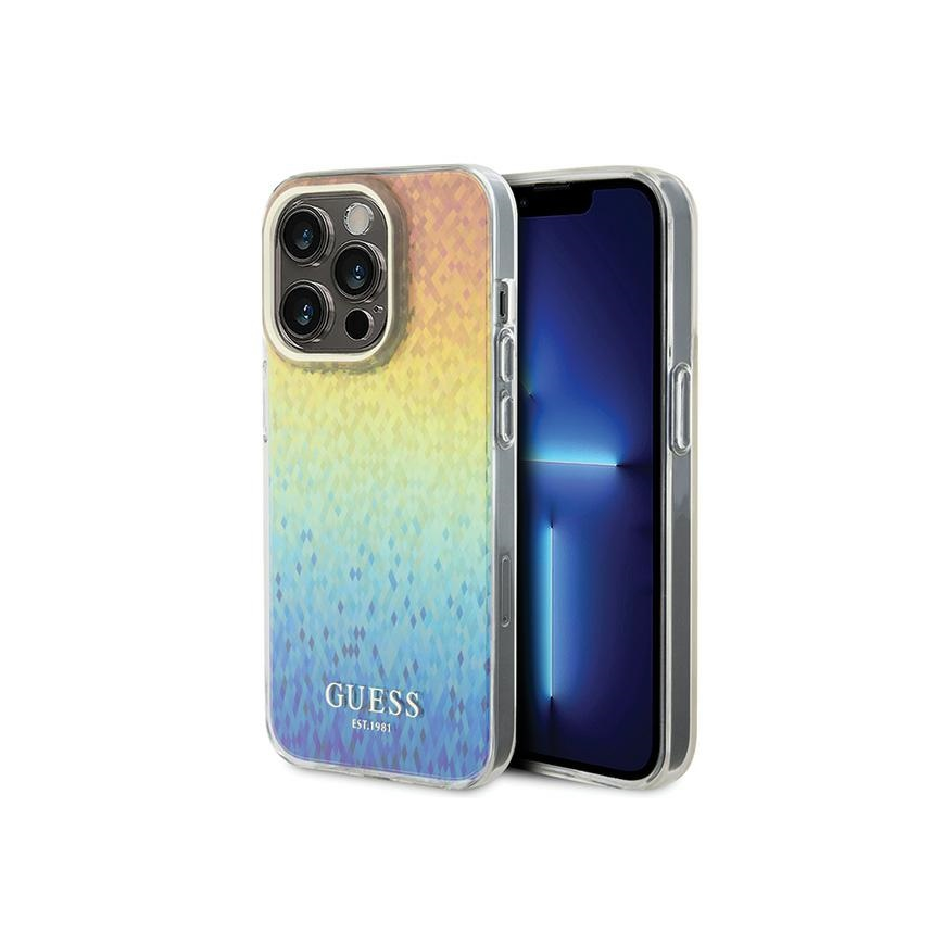 Originalus priekinio skydelio dėklas GUESS GUHCP14XHDECMI, skirtas iPhone 14 Pro Max (IML briaunotas veidrodis / diskoteka vaivo