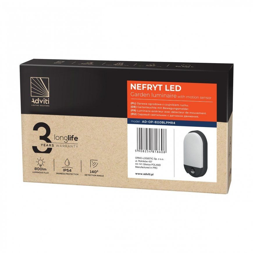 Sieninis šviestuvas Orno NEFRYT LED 10W, oprawa ogrodowa su judesio jutikliu, 800lm, IP54, 4000K, juoda – 2