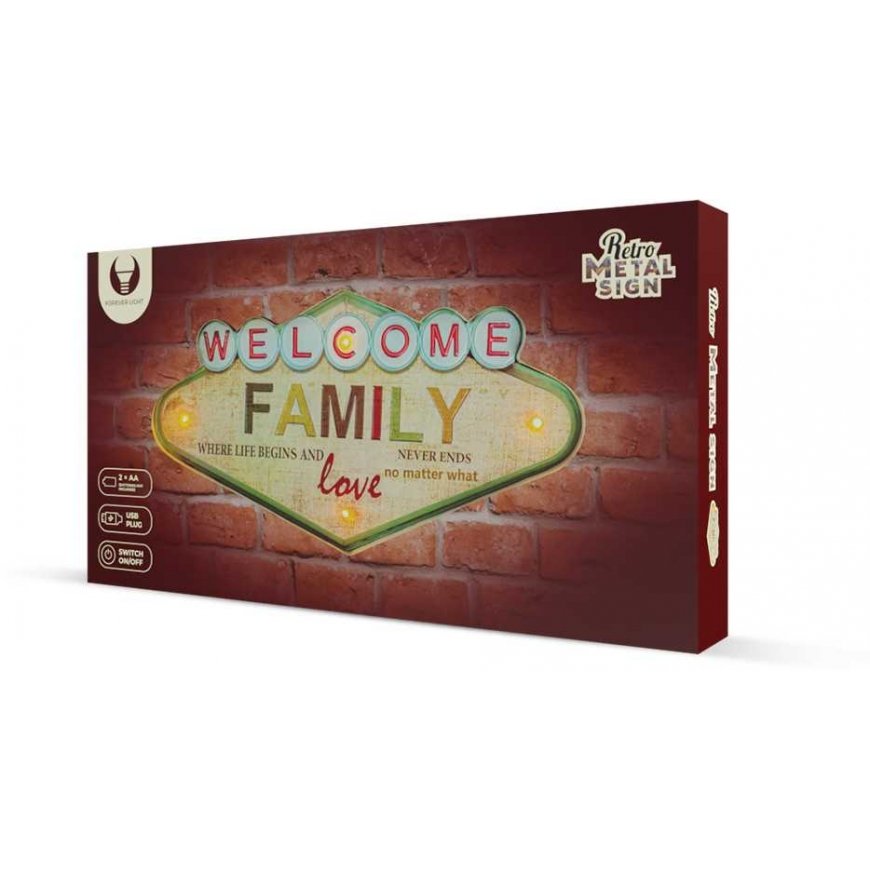 Sieninis šviestuvas TelForceone RETRO metalinis ženklas LED Welcome Family Forever Light – 3