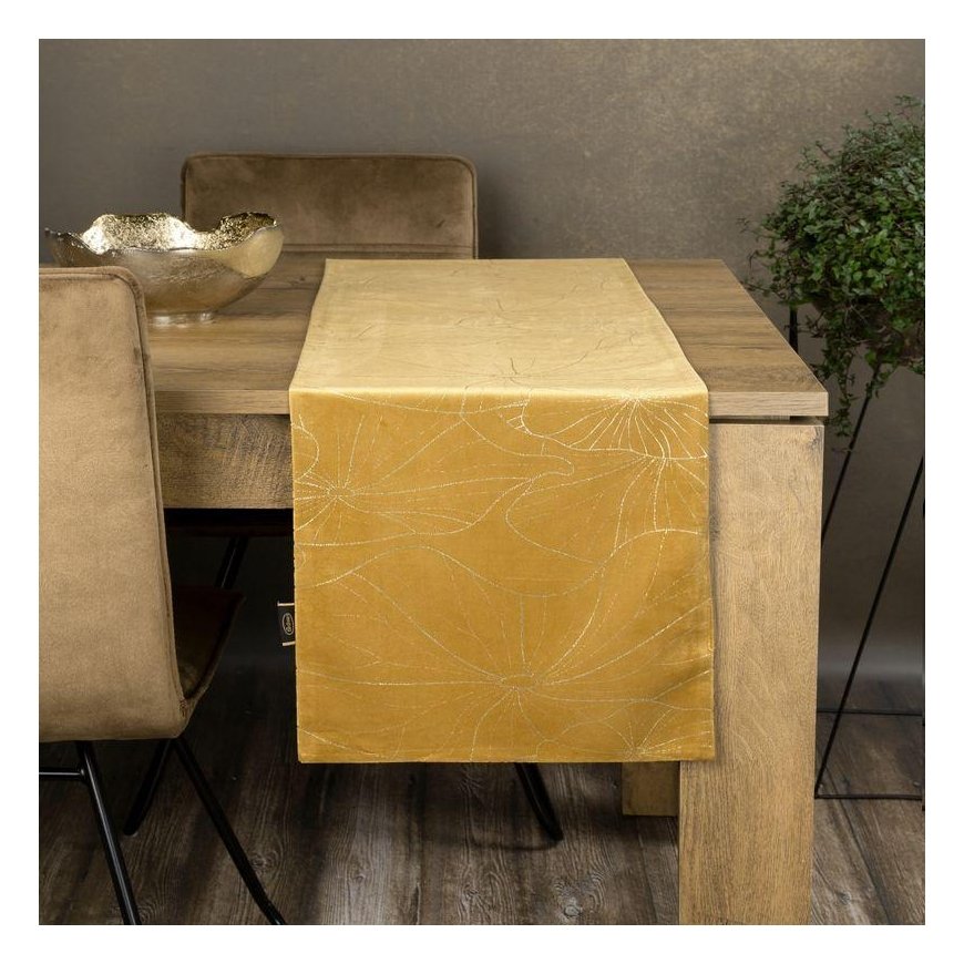 Eurofirany BLINK / 18 Velvet table runner with water lily leaf pattern, 35X180 cm, color: golden – 2