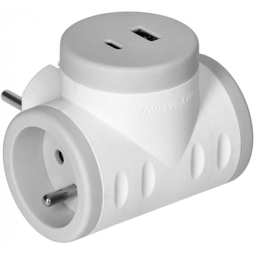 Orno 2P+Z splitter with 2xUSB charger, fast charging, white and gray