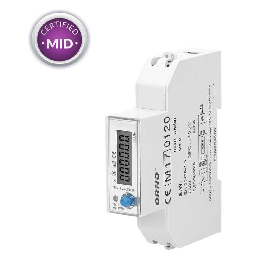 Orno Single-phase electricity meter, 100A, MID