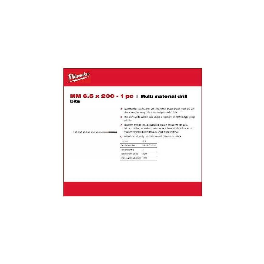 Milwaukee Accessories Universalus grąžtas MILWAUKEE Ø6,5 x 200 mm – 2
