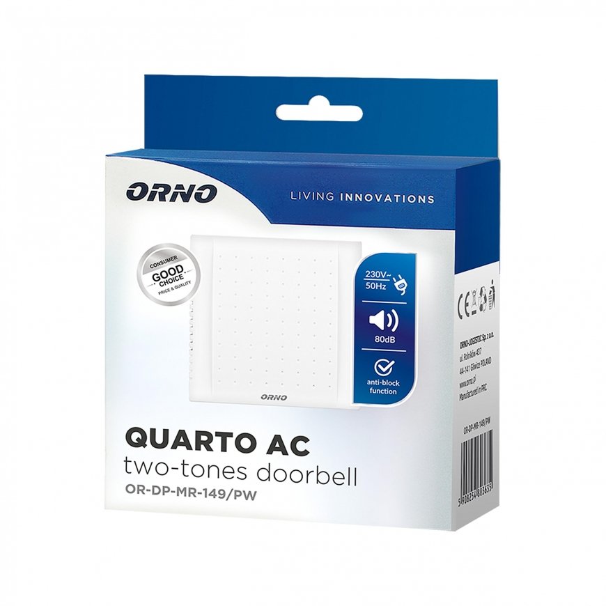 Orno Dviejų tonų elektromechaninis durų skambutis QUARTO AC, 230V, sniego baltas OR-DP-MR-149/PW – 4