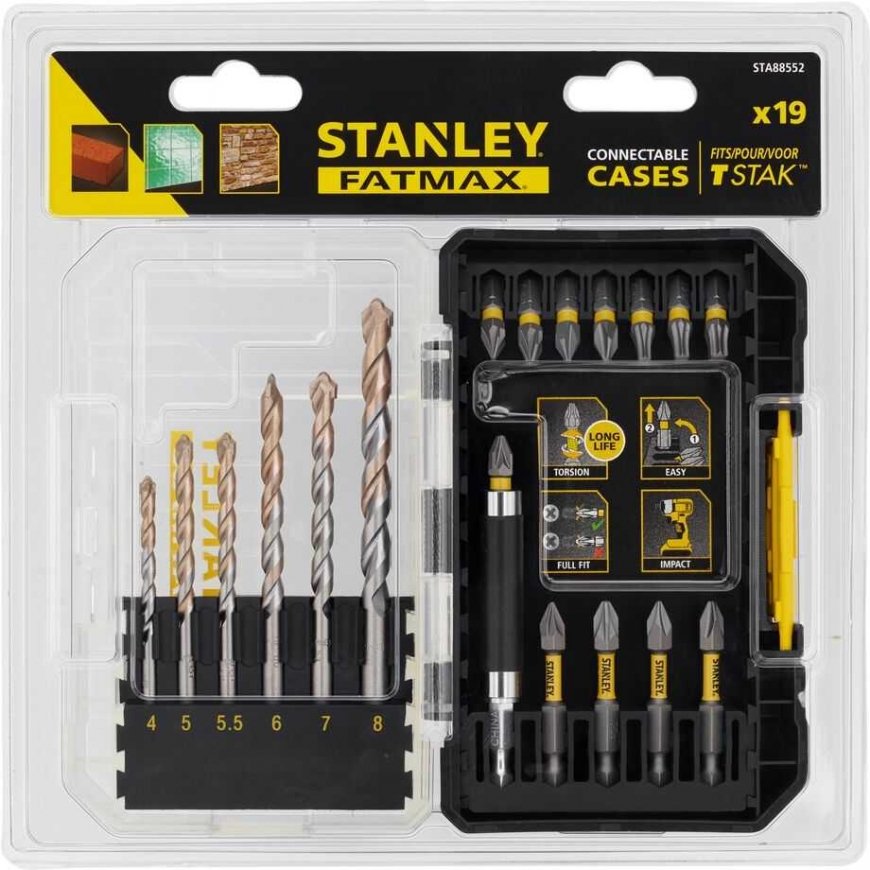 rinkinys iš 19 1/4" smūginių grąžtų + mūro grąžtai, Stanley [STA88552-XJ] – 3