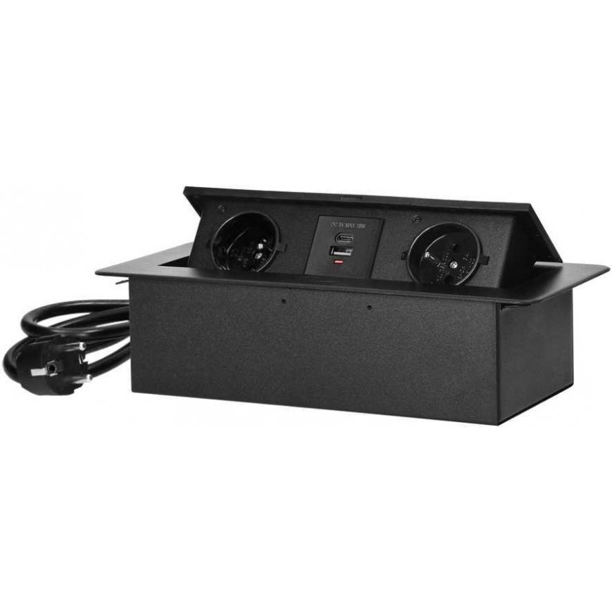 Orno Į stalviršį įleidžiami baldų lizdai su plokščiu frezuotu apvadu, USB įkrovikliu ir 1,5 m laidu, 2x2P+Z, 2xUSB (tipas A+C 3.