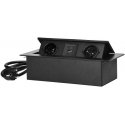 Orno Recessed furniture sockets with flat milled edge, USB charger and 1.5 m cable, 2x2P+Z, 2xUSB (type A+C 3.6A), black