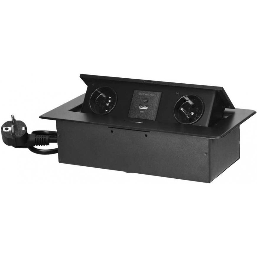 Orno Į stalviršį įleidžiami baldų lizdai su plokščiu frezuotu apvadu, USB įkrovikliu ir 1,5 m laidu, 2x2P+Z, 2xUSB (tipas A+C 3. – 2