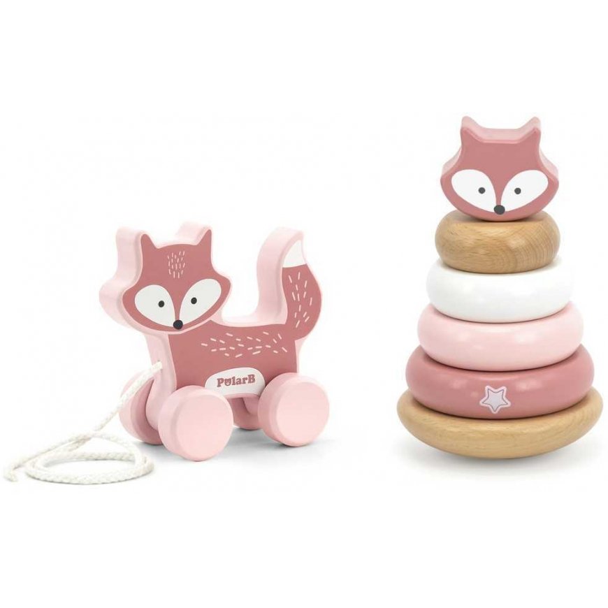 Viga Toys VIGA PolarB lapių rinkinys, medinė piramidė + traukiama lapė