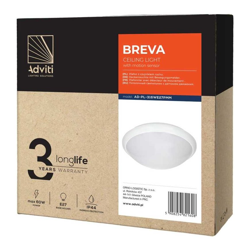 Orno BREVA, ceiling light with microwave motion sensor, 60W, E27, IP44, milky polycarbonate – 2