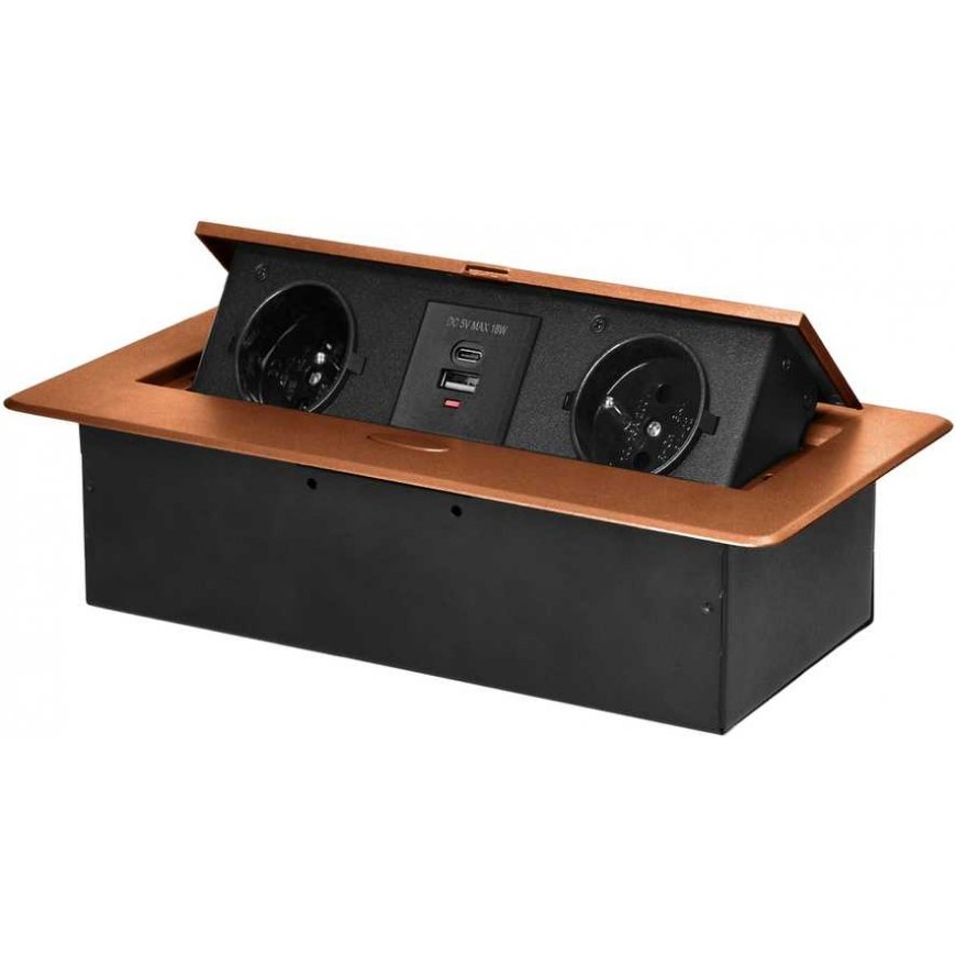 Orno Furniture socket recessed into the table top with flat milled edge and USB charger, 2x2P+Z, 2xUSB (type A+C 3.6A), gold