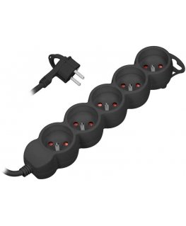 Orno 5-way extension cord 2P+E, 5m H05VV-F 3x1.5mm2, Imax16A, flat plug, black