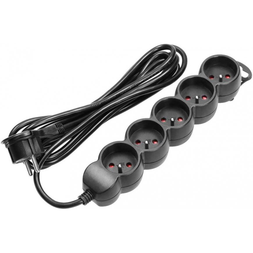 Orno 5-way extension cord 2P+E, 5m H05VV-F 3x1.5mm2, Imax16A, flat plug, black – 2