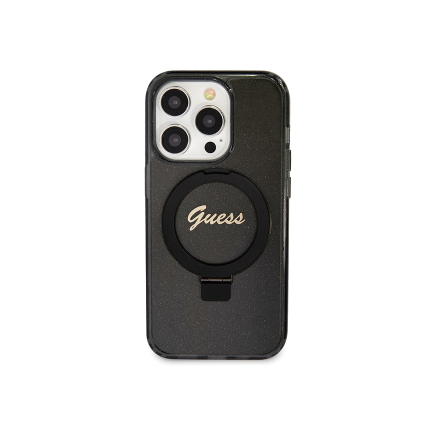Guess Ring Stand Script Glitter MagSafe dėklas iPhone 14 Pro - juodas – 3