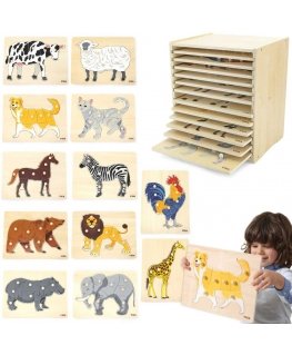 Viga Toys VIGA Set Puzzle Drewniane 12 Układanek Zwierzątka Montessori + Stojak