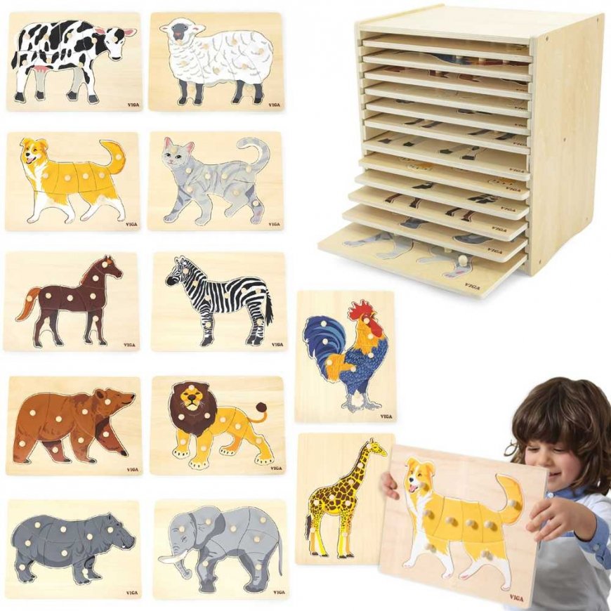 Viga Toys VIGA Set Puzzle Drewniane 12 Układanek Zwierzątka Montessori + Stojak