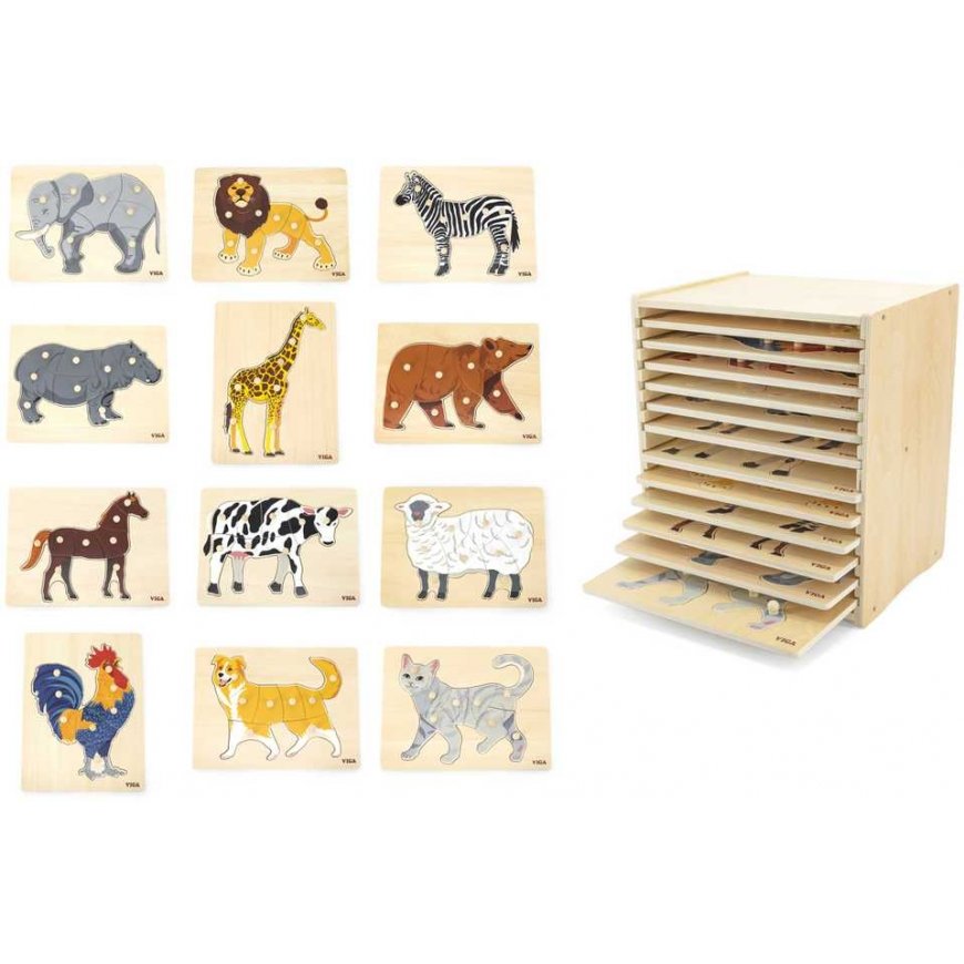 Viga Toys VIGA Set Puzzle Drewniane 12 Układanek Zwierzątka Montessori + Stojak – 2