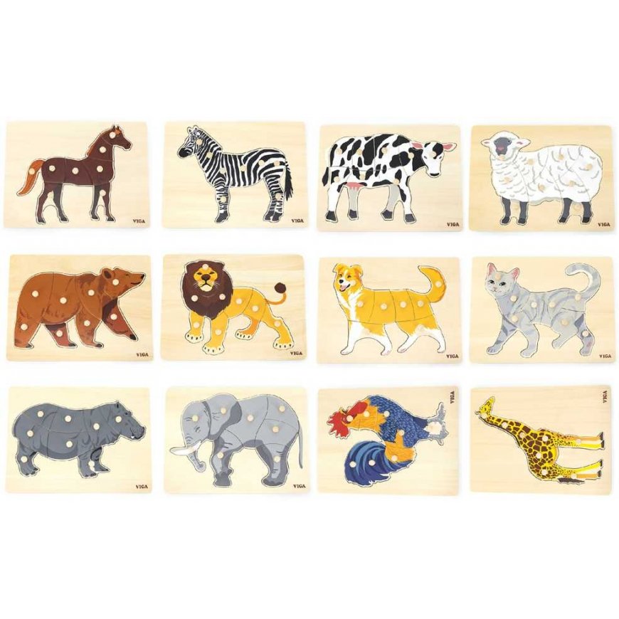 Viga Toys VIGA Rinkinys Puzzle Drewniane 12 Układanek Zwierzątka Montessori + Stojak – 5