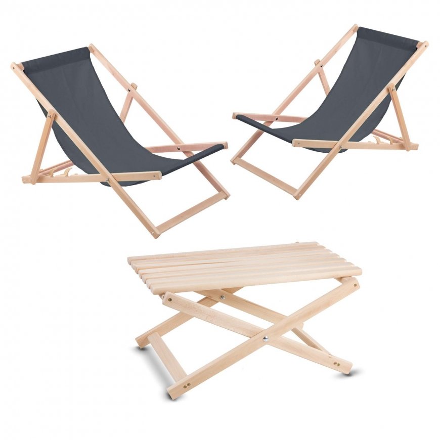 Woodok Set of two gray chaise longues, folding table