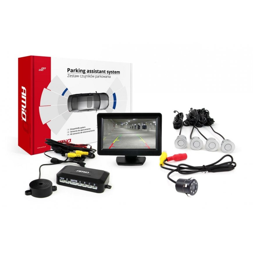 Amio Parking sensor kit tft01 4.3 inch with camera hd-307 and 4 sensors silver color