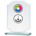 Detail Glass trophy with LuxorJet color printing, engraving and paint filling Detail Glass trophy with LuxorJet color printing, engraving and paint filling