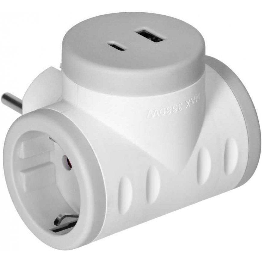 Orno 2P+Z skirstytuvas (Schuko) su 2xUSB įkrovikliu, greitas įkrovimas, balta ir pilka