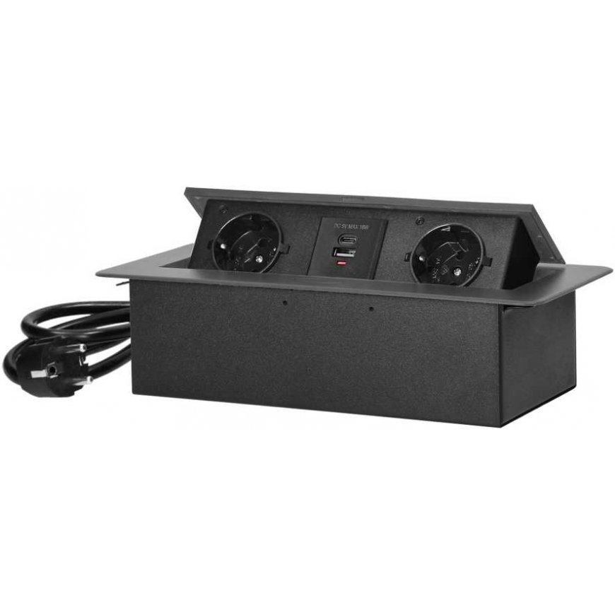 Orno Furniture socket recessed into the table top with a flat milled edge, USB charger and 1.5 m cable, 2x2P+Z (Schuko), 2xUSB (
