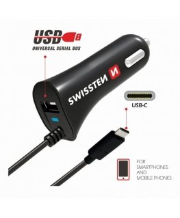 Swissten Premium Car charger 12 / 24V / 2.4A + non-detachable USB-C Data Cable 1m