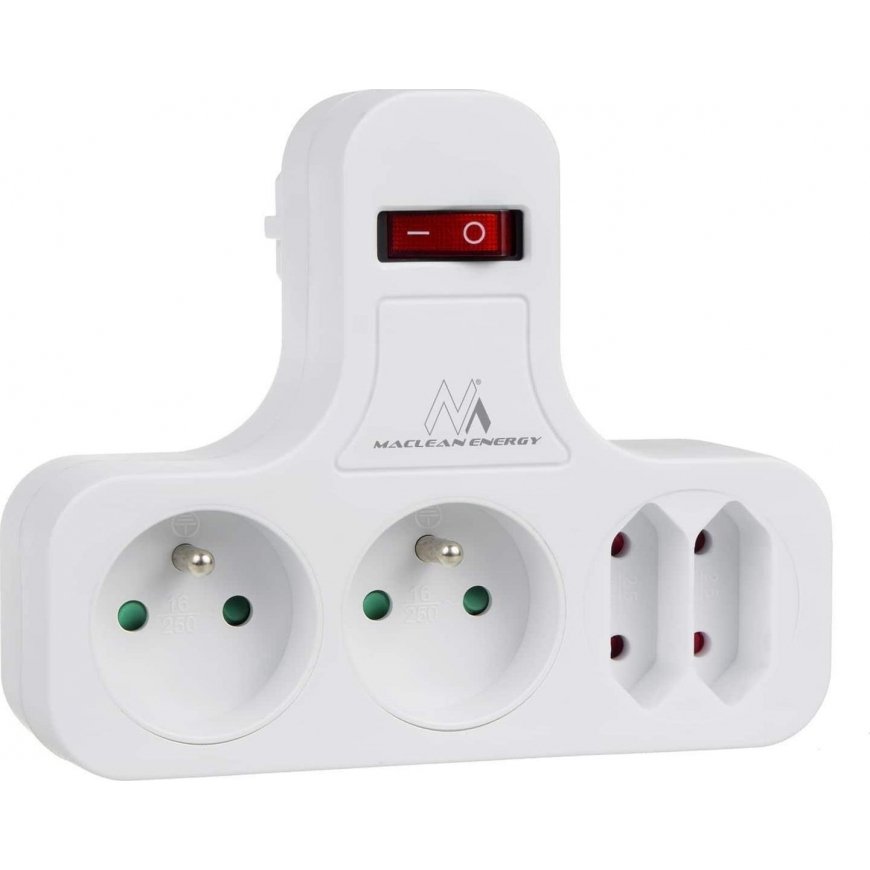 Maclean Power Socket, Quad with Breaker, Stabilization Leg, Type E, 2x2.5A, 2x16A, MCE224
