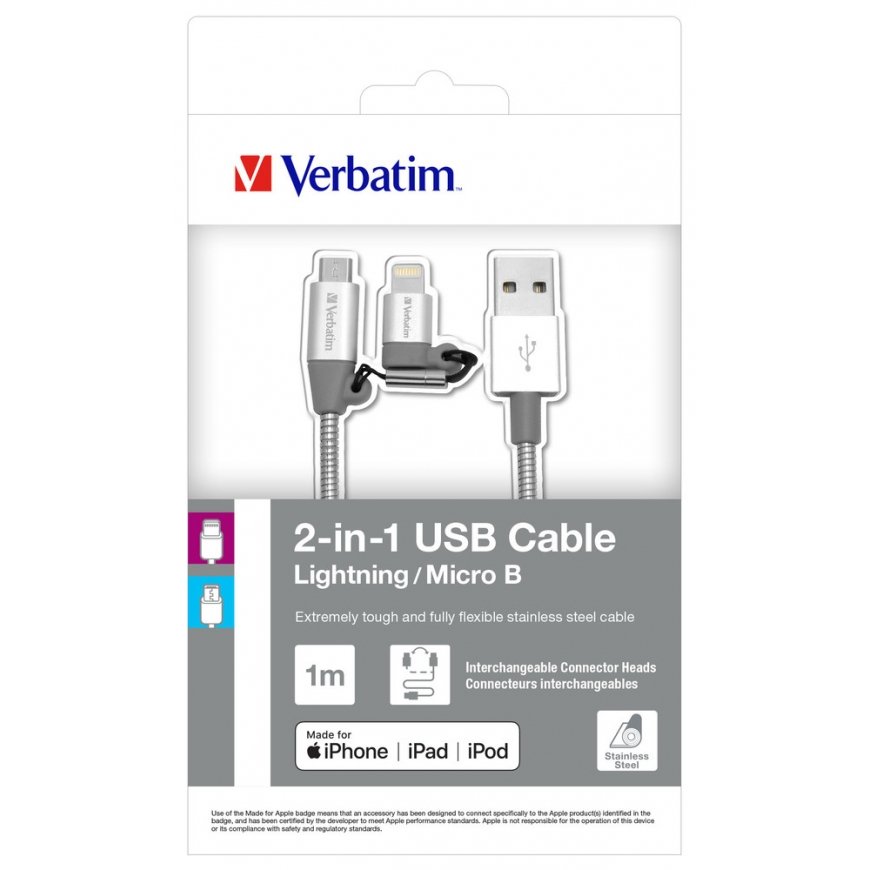 Verbatim 48869 USB kabelis 1 m USB A Micro-USB B/Lightning Aliuminis, Pilka – 2