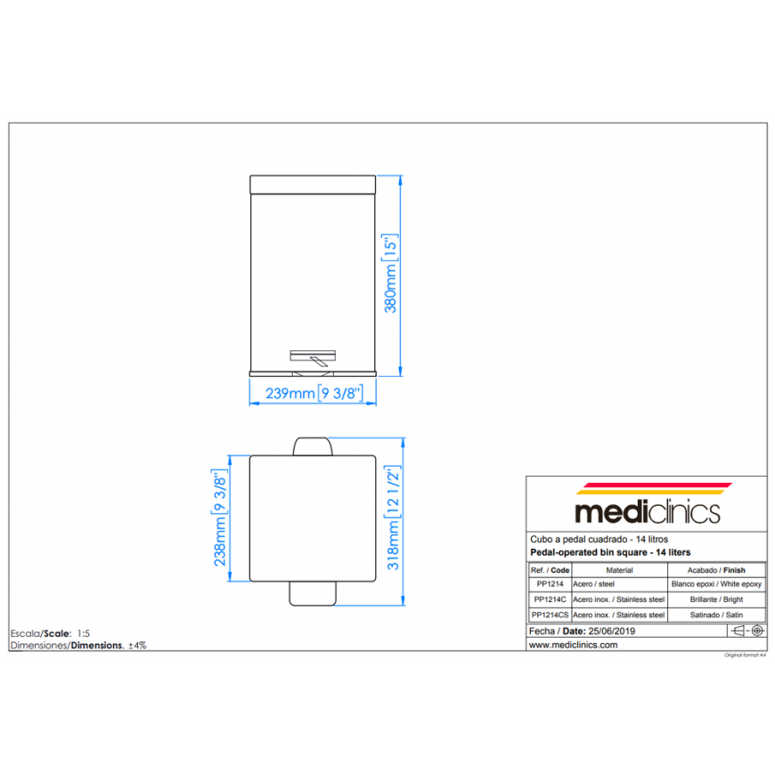 MEDICLINICS PP1214CS Square Trash Can With Pedal, 12 L, Satin