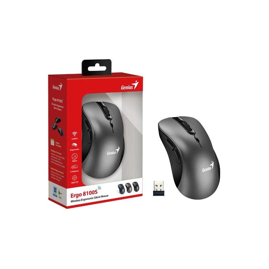 Wireless mouse, Genius Ergo 8100S, metallic gray, optical, 1600DPI – 2