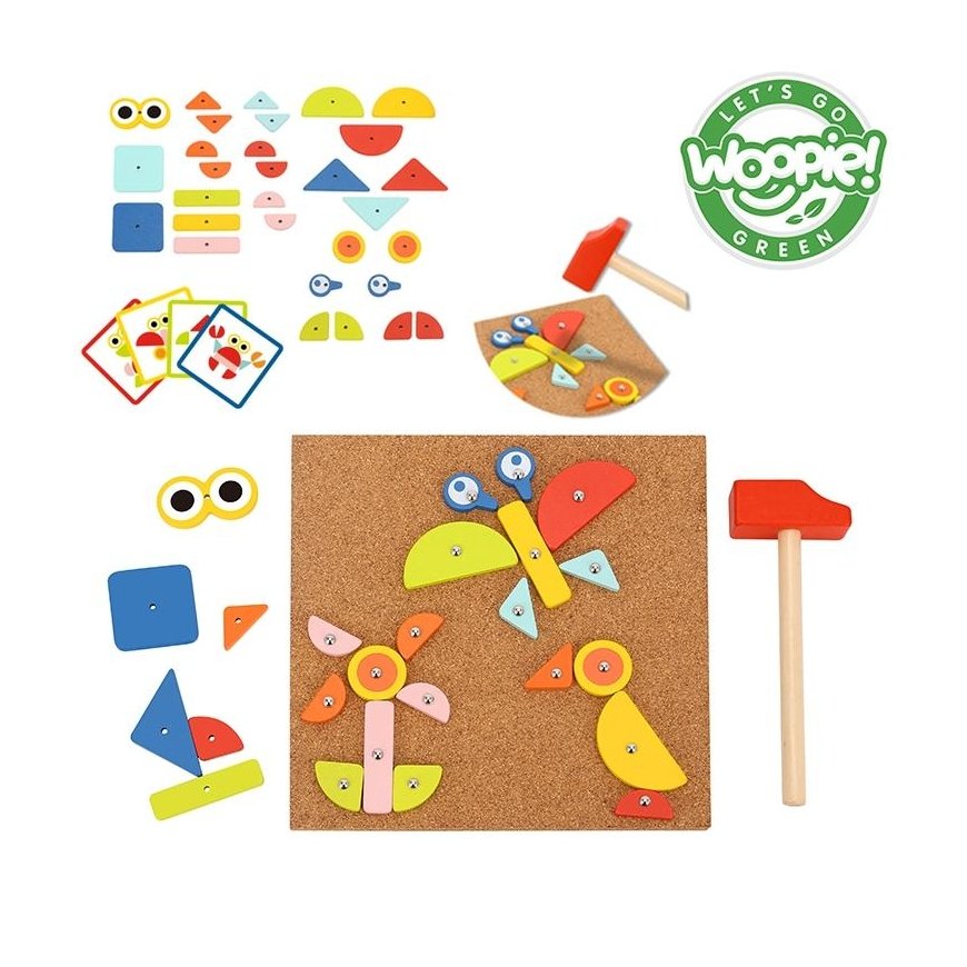 WOOPIE Green wooden hammer nail puzzle 20 patterns 82 pcs. FSC certified
