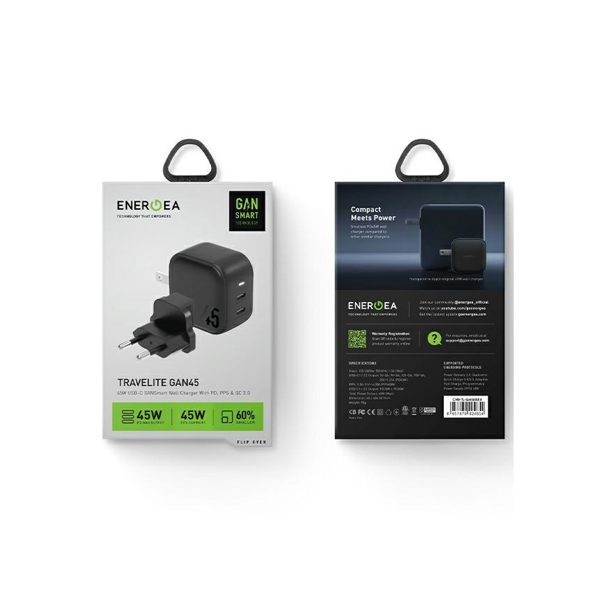 Dėklas ENERGEA ład. siec. 2xUSB-C PD-PPS 45W 2C juoda/juodas US+EU Travelite GAN45 – 5