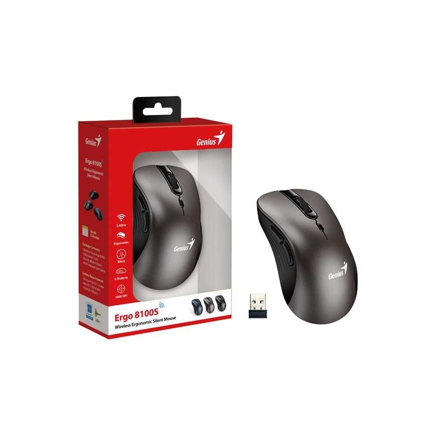 Wireless mouse, Genius Ergo 8100S, titanium, optical, 1600DPI – 4