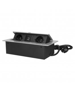 Orno Furniture socket recessed into the table top with flat milled edge, USB charger and 3 m cable, 2x2P+Z, 2xUSB, silver