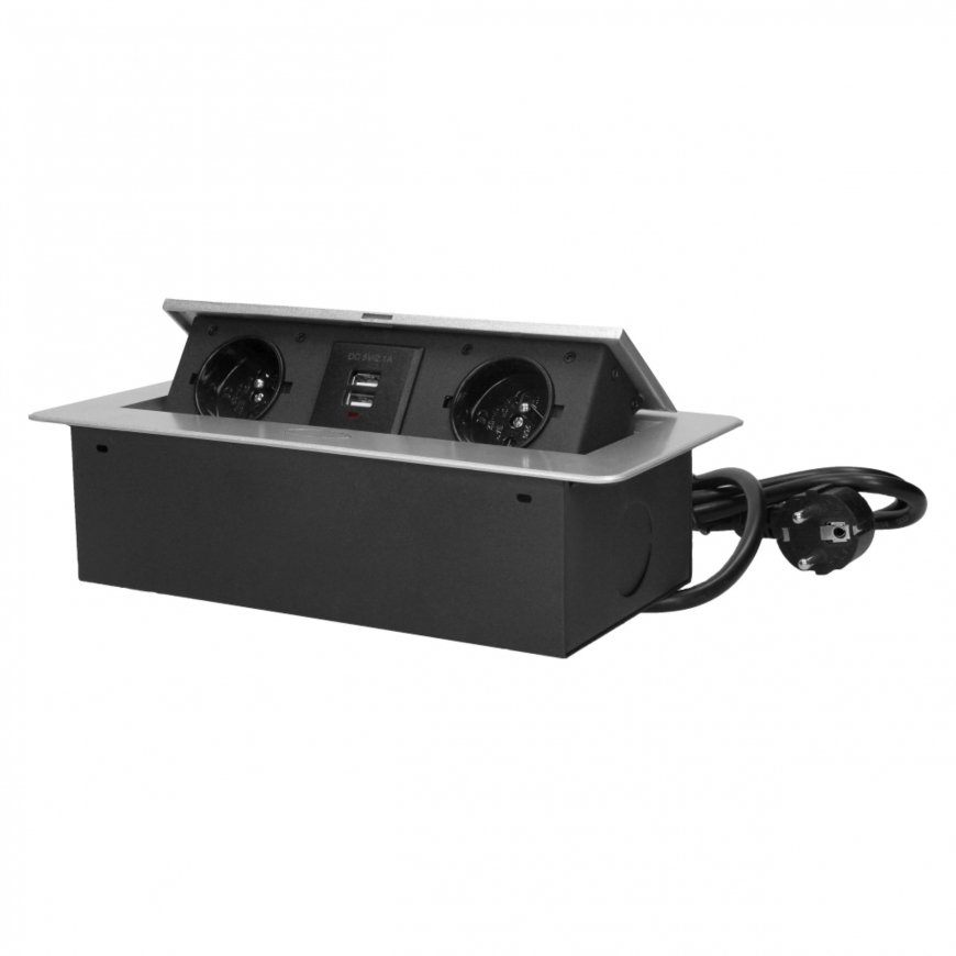 Orno Furniture socket recessed into the table top with flat milled edge, USB charger and 3 m cable, 2x2P+Z, 2xUSB, silver