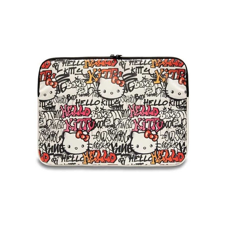 Dėklas Hello Kitty Sleeve HKCSZPDGPTE 14" smėlio spalva/beige Zip PU Tags Graffiti