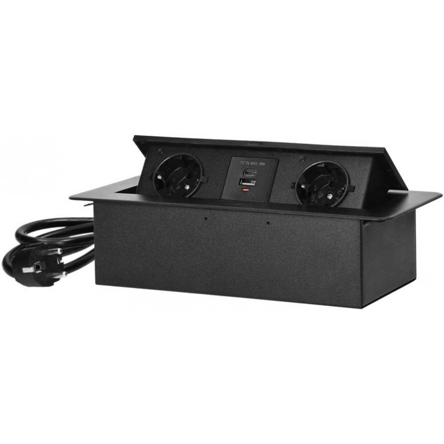Orno Baldų lizdas įleistas į stalviršį plokščiu frezuotu kraštu, USB įkroviklis ir 1,5 m laidas, 2x2P+E (Schuko), 2xUSB (tipas A