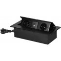 Orno Baldų lizdas įleistas į stalviršį plokščiu frezuotu kraštu, USB įkroviklis ir 1,5 m laidas, 2x2P+E (Schuko), 2xUSB (tipas A